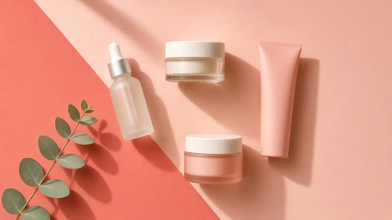 Skin-care products on a coral background